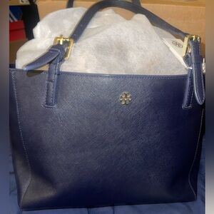 Tory Burch York Small Buckle Navy Blue Tote with Gold Accents